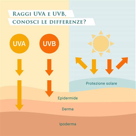 Schema che illustra la differenza tra filtri solari UVA e UVB