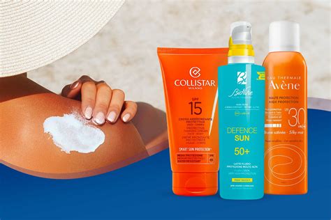 Diverse creme solari per il viso in esposizione in una farmacia