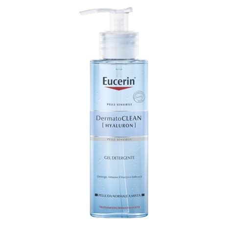 Flacone di Eucerin DermatoClean Gel Detergente Viso con gocce d'acqua