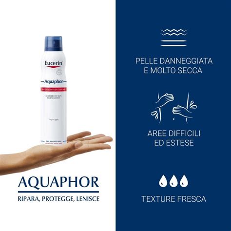 Applicazione di Eucerin Aquaphor Spray su una zona del corpo irritata