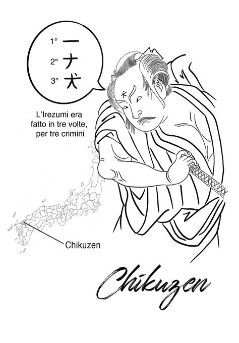 Irezumi sulla testa, in uso nell'antica provincia di Chikuzen, eseguito in tre volte per tre crimini diversi. Il Kanji è Inu「犬」, ovvero Cane.