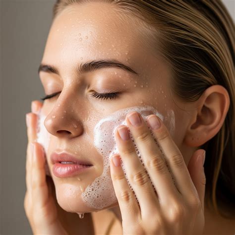 Una mano che applica una mousse detergente sul viso