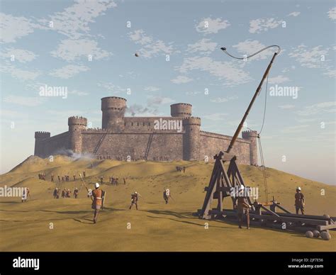 Illustrazione di un assedio medievale con catapulte e mura fortificate
