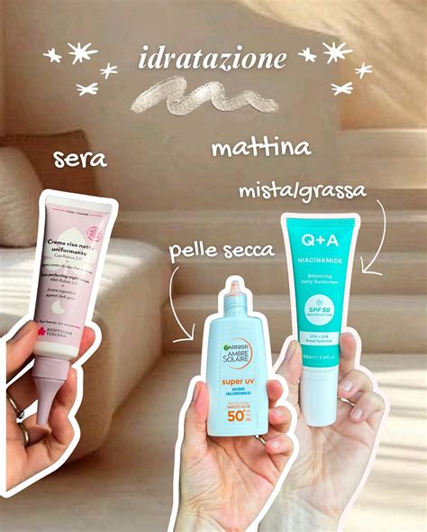 Infografica che confronta le routine di skincare per pelle grassa/mista e pelle secca/sensibile, evidenziando ingredienti chiave.