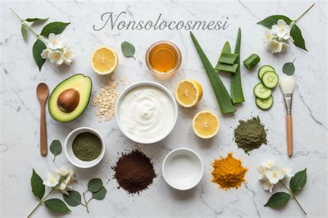 Immagine di ingredienti naturali per maschere viso (argilla, limone, yogurt)