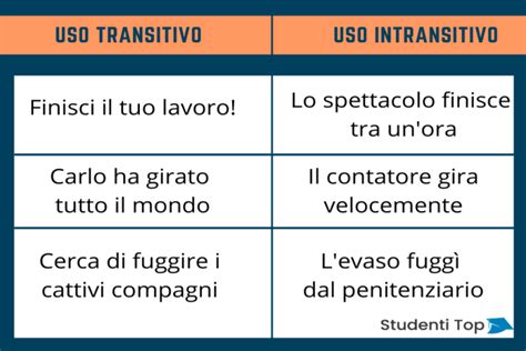 Infografica che mostra esempi di verbi con doppio uso (transitivo/intransitivo) e i loro significati differenti.