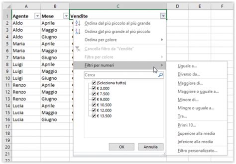 Menu a discesa del Filtro automatico di Excel che mostra l'opzione 