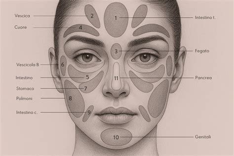 Diagramma che illustra le zone del viso comunemente colpite da acne ormonale