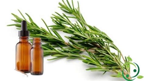 Bottiglia di olio essenziale di rosmarino con gocce su una foglia