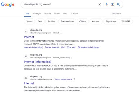 Esempio di ricerca con l'operatore site:
