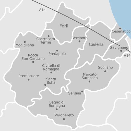 Mappa della provincia di Forlì-Cesena con evidenziate le città menzionate