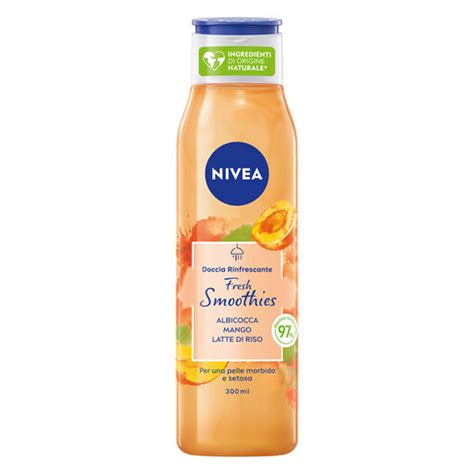 Immagine di una bottiglia di bagnoschiuma Nivea Doccia Fresh Smoothies con frutta fresca