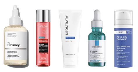 Vari tipi di prodotti skincare contenenti acido glicolico