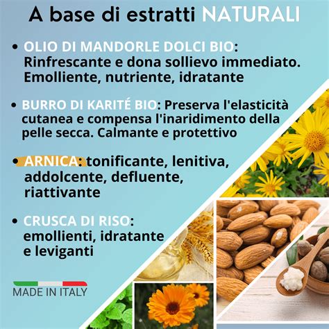 Ingredienti chiave di un prodotto solare: olio di mandorle, burro di karité, vitamina E