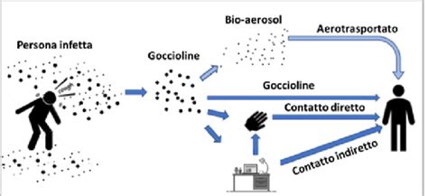 Schema che illustra le vie di trasmissione dell'impetigine attraverso contatto diretto, indiretto e oggetti contaminati