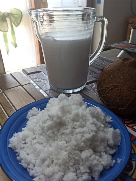 Latte di cocco in una ciotola con cocco grattugiato