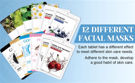 collezione di diverse maschere in tessuto per il viso, ognuna con un'icona rappresentativa dell'ingrediente principale